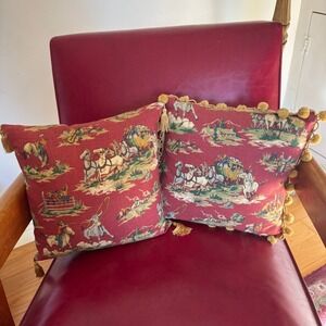 2 Wild West Throw Pillows, Red & Gold Waverly Print Fabric, Handmade 13 x 13 in.